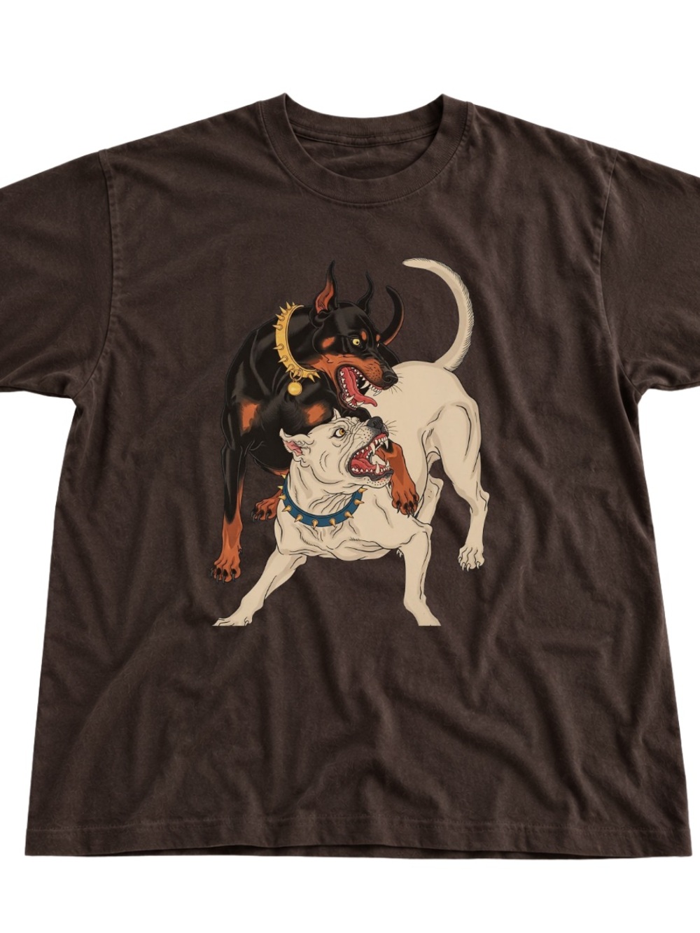 Dog Graphic T-Shirt - Dark Brown with Black & Cream Dogs